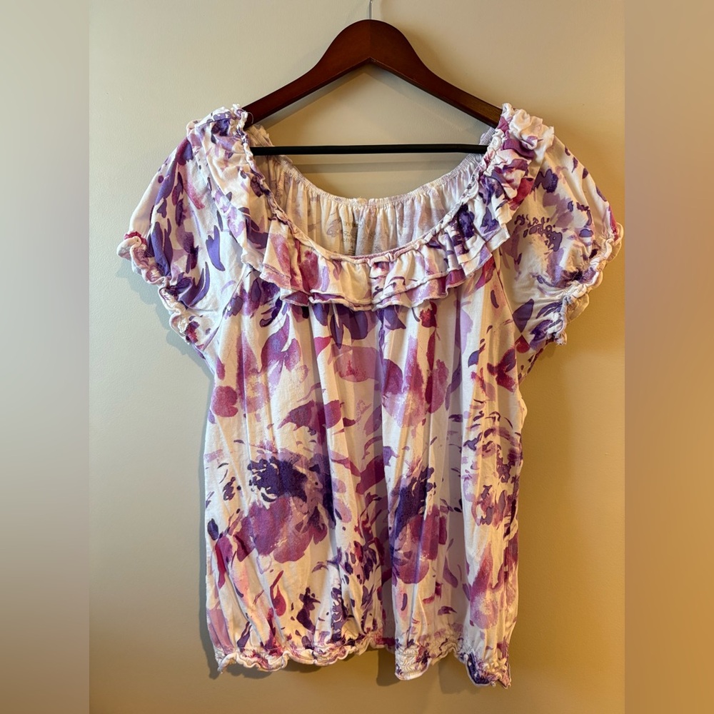 Lane Bryant Purple Floral Ruffle Neck Top Women’s Plus Size 3X 22/24